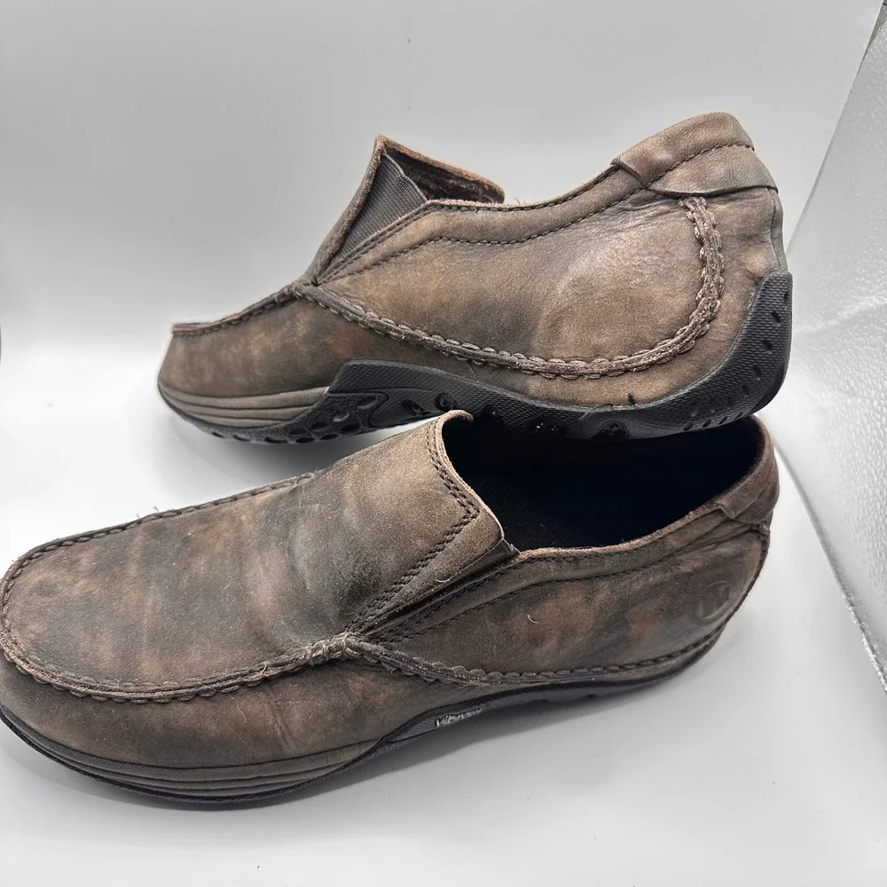 Merrell Omega Moc Dark Brown Leather Slip On Loafers Vibram Mens 8.5 23017